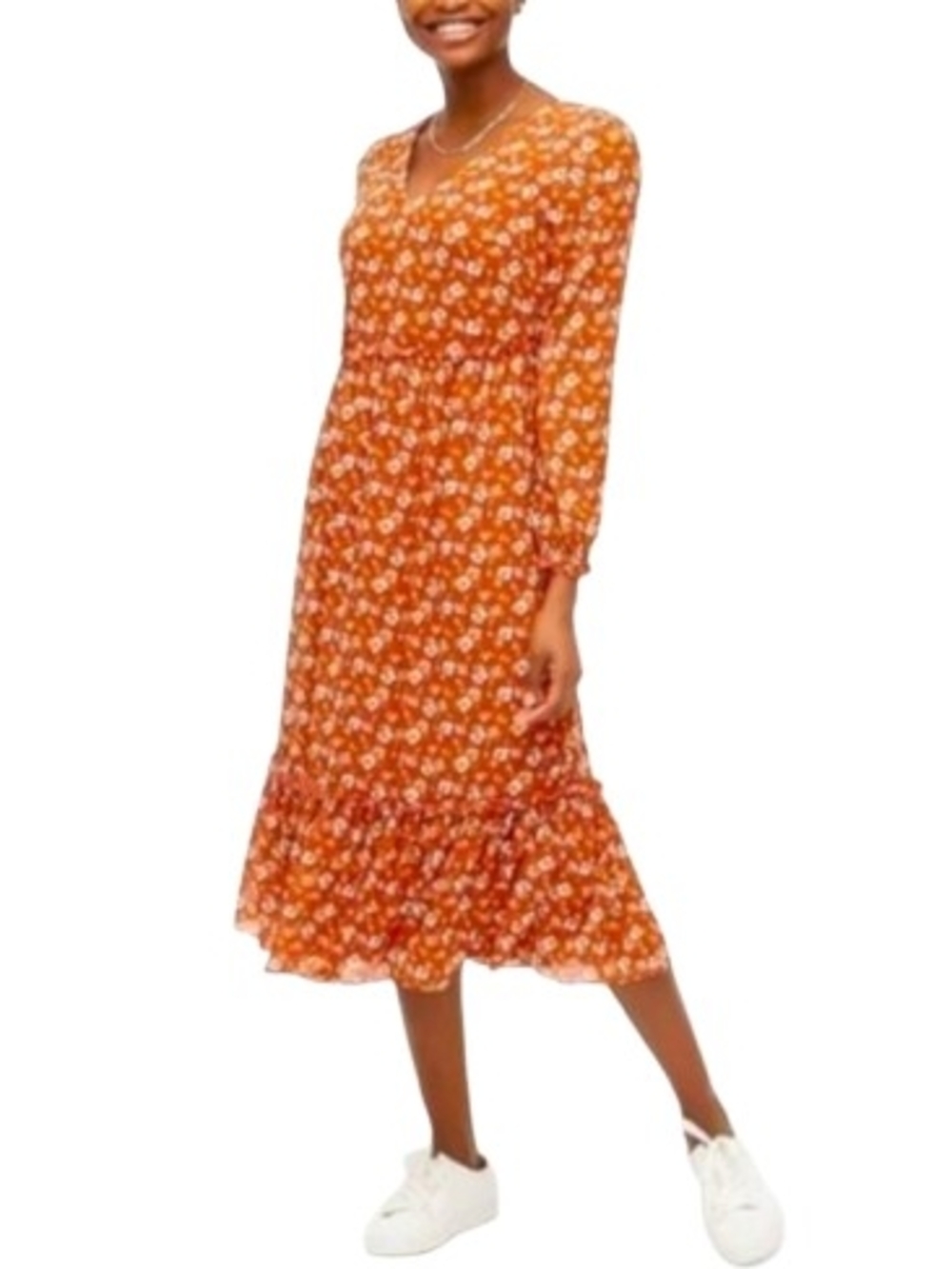 J Crew Factory Crinkle Midi Flounce Dress Rust Floral Size XL Cottagecore Ruffle - Picture 1 of 15